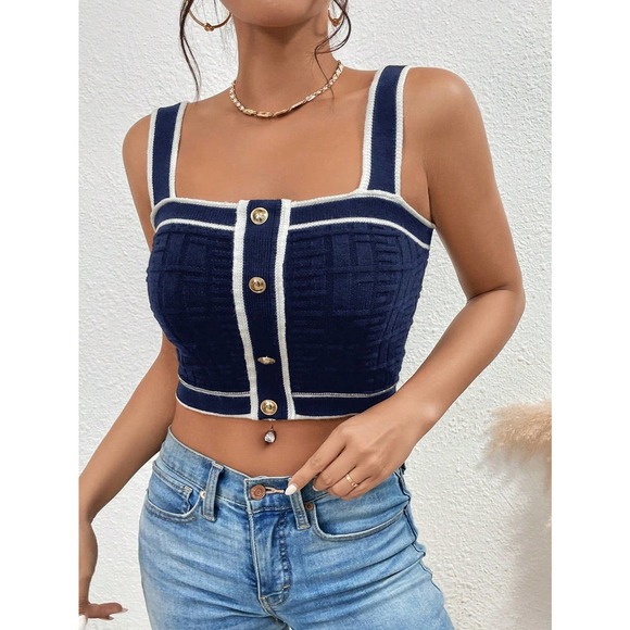 Plazacore preppy Contrast Trim Button Detail Crop Knit Top tan - Picture 5 of 11